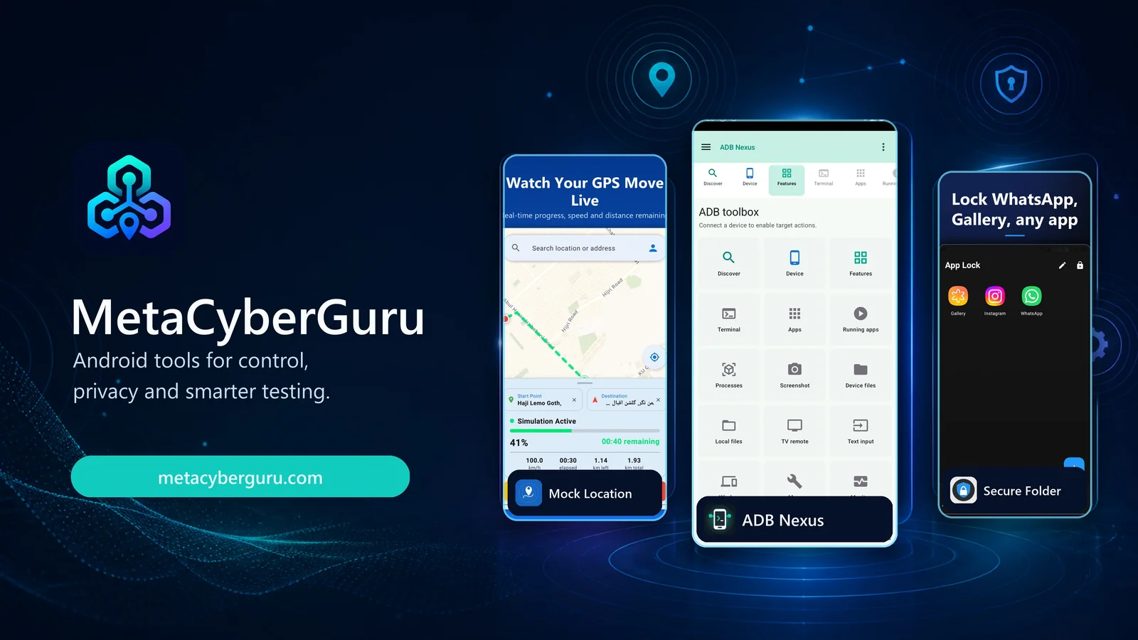MetaCyberGuru Android tools: Mock Location Route Simulator, ADB Nexus and Secure Folder App Lock