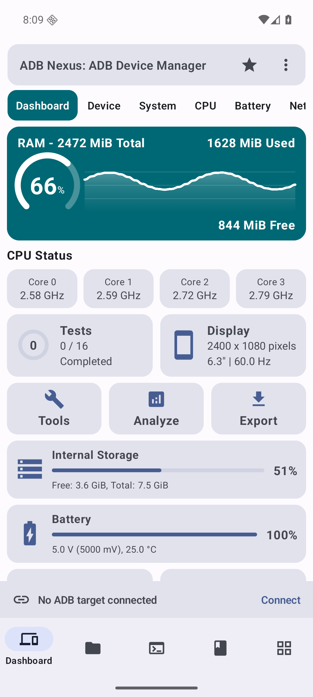 ADB Nexus dashboard with animated memory graph, CPU cores, storage and battery