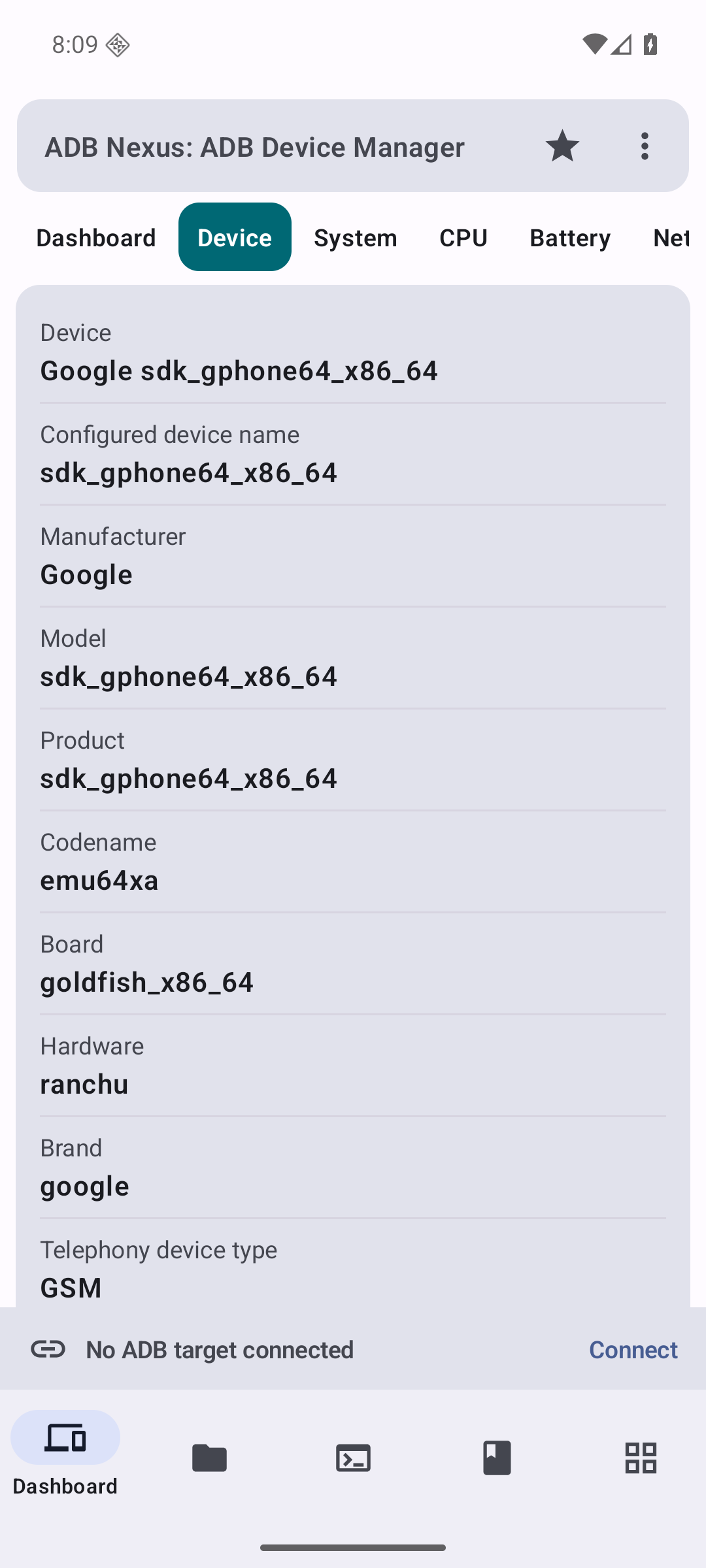 ADB Nexus Device tab showing local Android hardware information