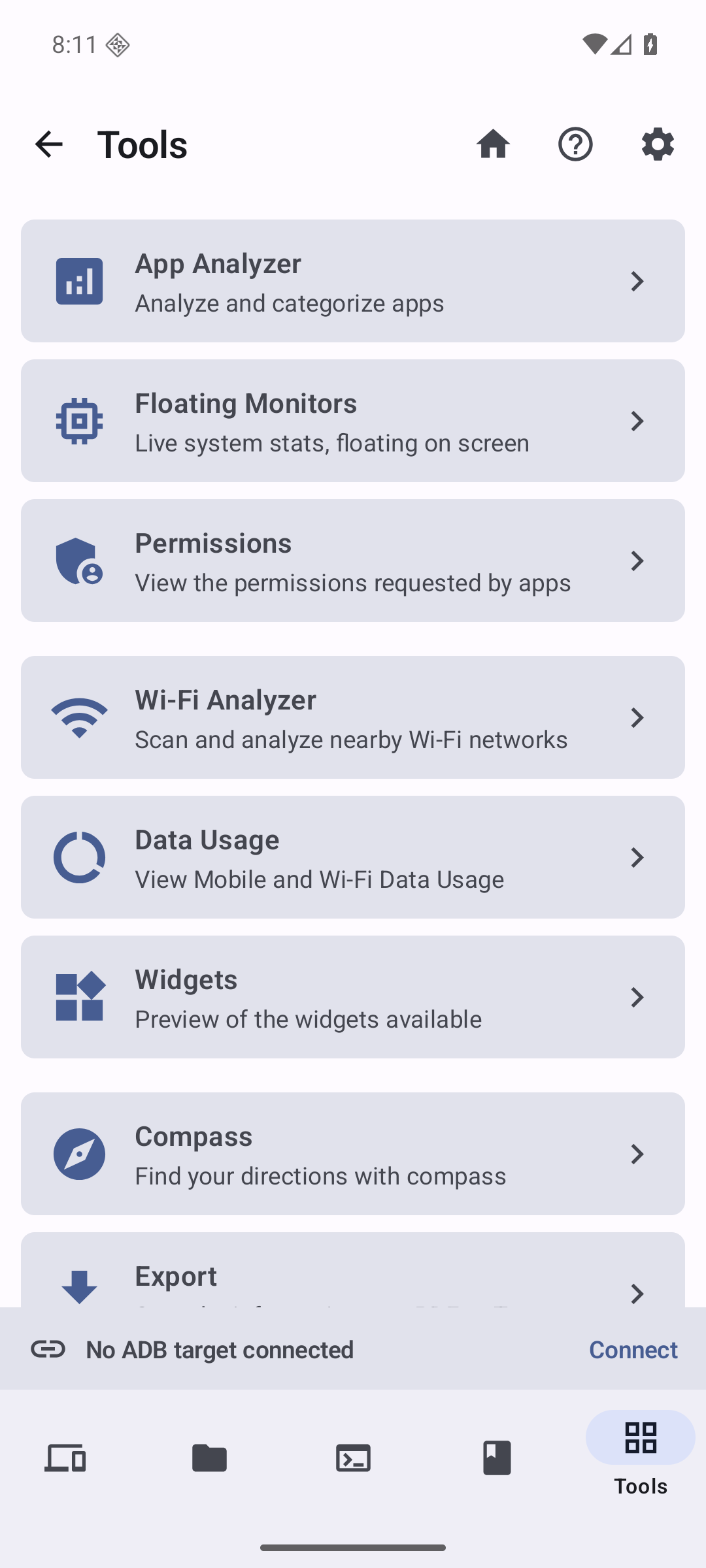 ADB Nexus host Tools screen with app, network and device utilities