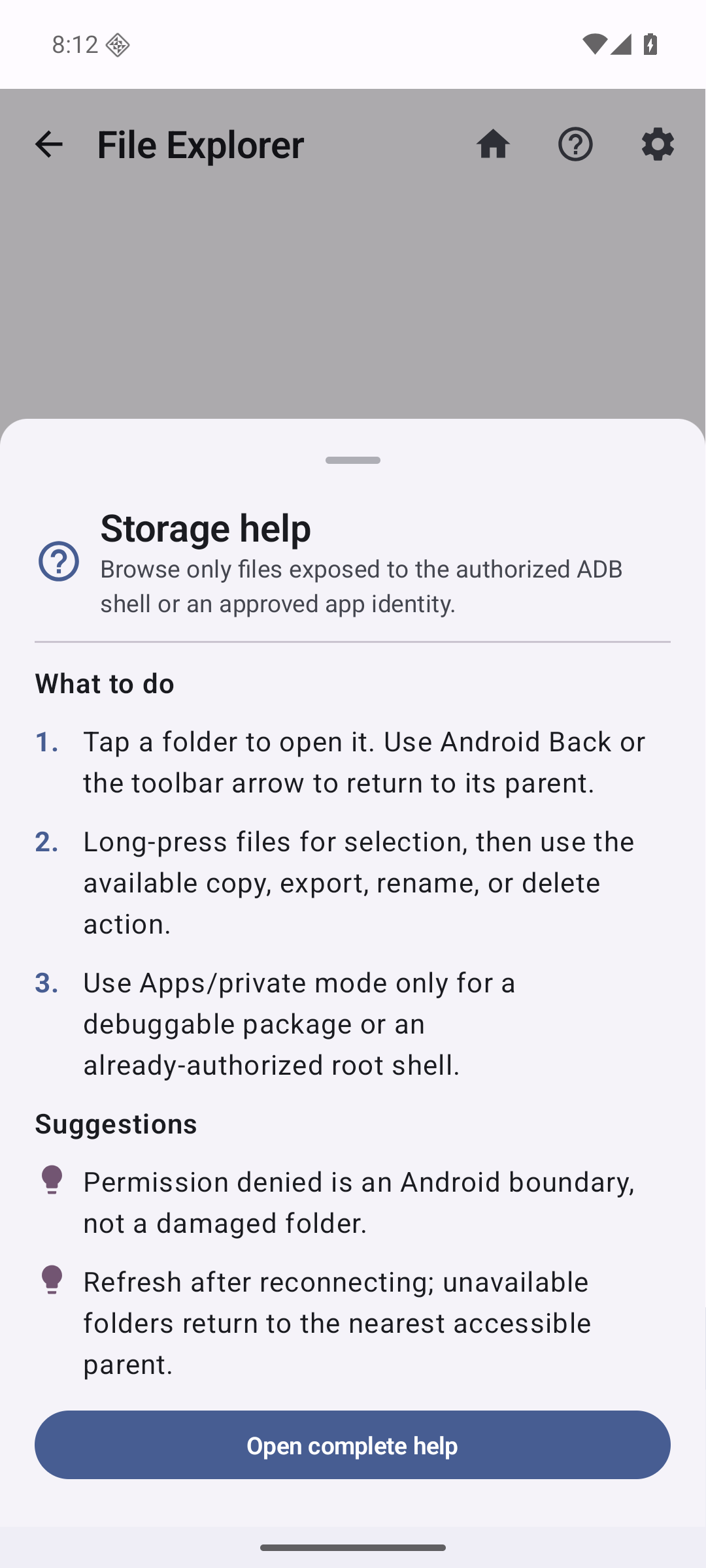 ADB Nexus contextual storage help with usage steps and Android permission boundaries