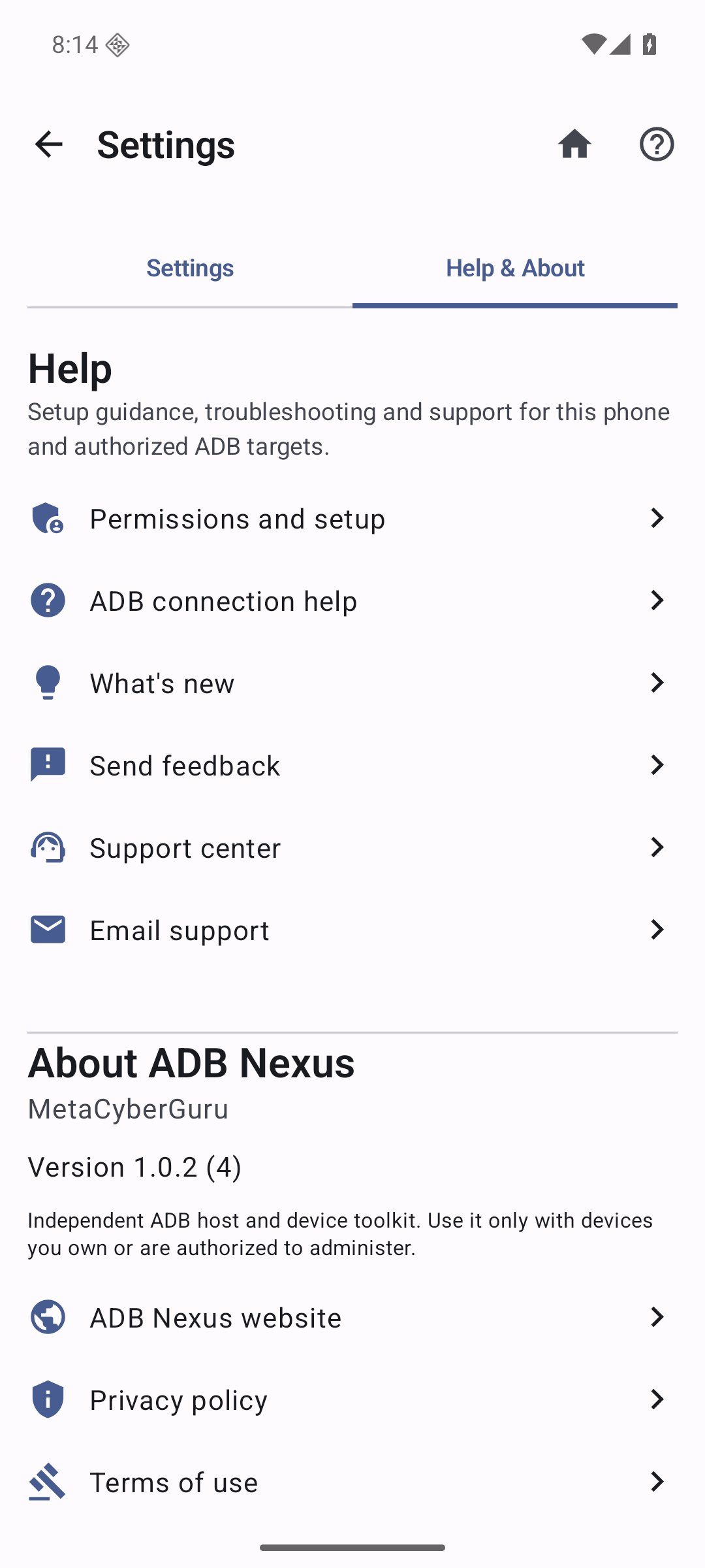 ADB Nexus Help and About tab with support and policy links